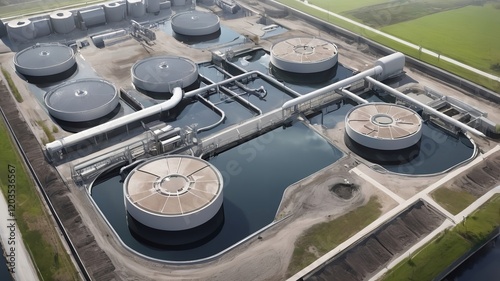 Aerial view of sewage treatment plant with grey water

 photo