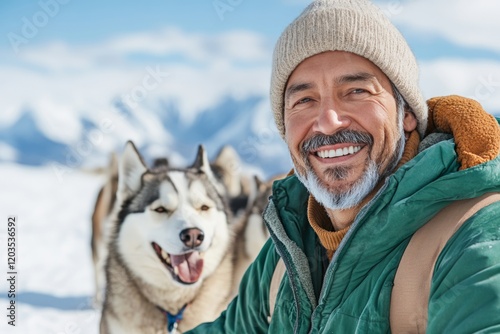 Cheerful musher standing with energetic husky dog, snow capped mountains gleaming, embodying winter wilderness camaraderie and outdoor spirit