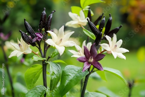 Akebia quinata showing blooming flowers and seed pods in summer garden photo