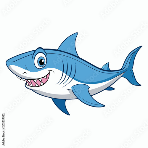 Cute cartoon shark isolated on white background. Side view. Vector illustration of sea life