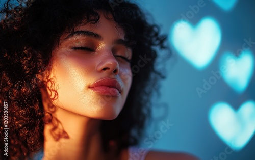 A beauty shot of a woman with glowing bronze highlighter and soft curls, against a blue heart bokeh background