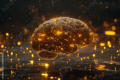 Glowing digital brain with electronic circuits is floating in a dark digital space with golden particles, representing artificial intelligence, machine learning, and neural networks