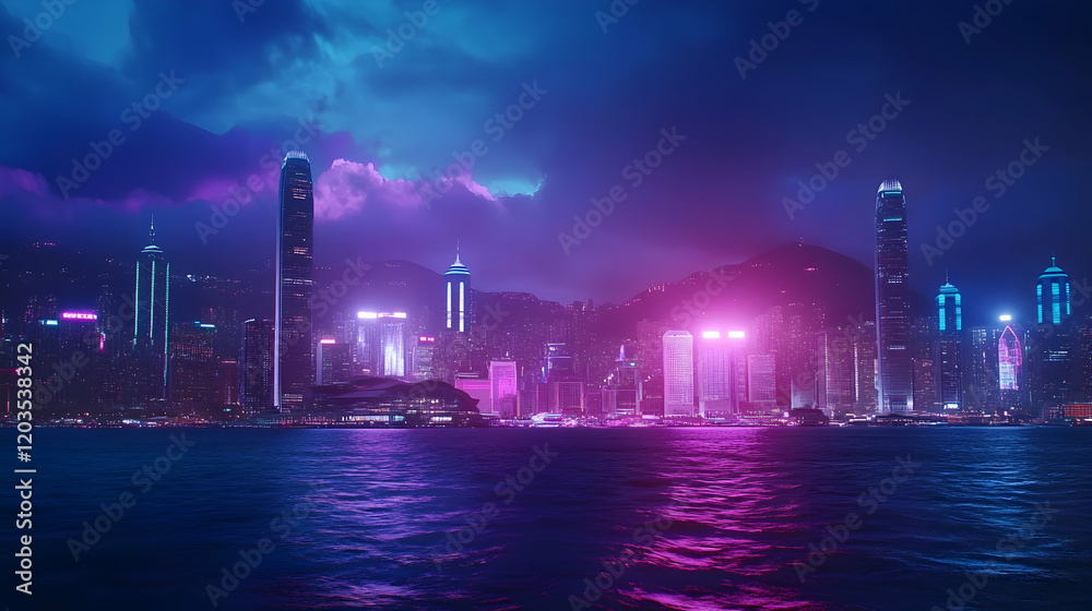 Fototapeta premium Neon-lit Hong Kong skyline at night, reflecting on calm waters. Ideal for futuristic cityscapes, travel brochures