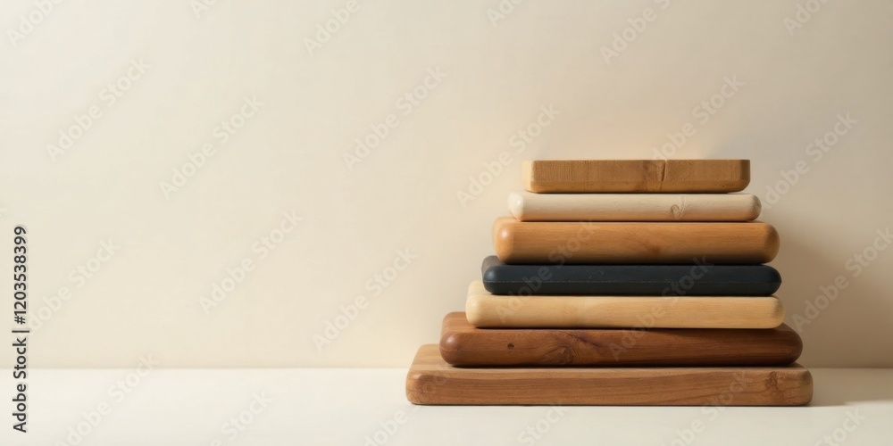 A Stack of Diverse Rectangular Wooden Cutting Boards in a Minimalist Arrangement A Stack of Diverse Rectangular Wooden Cutting Boards in a Minimalist Arrangement