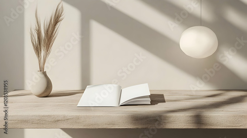 Open book mockup on wooden shelf, sunlit room, pampas grass, sphere lamp, minimalist interior design, website or blog template