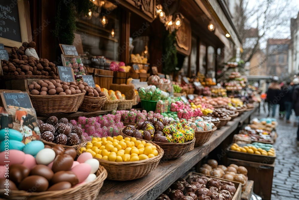 Fototapeta premium Colorful chocolate eggs and candies displayed on market stall in bruges
