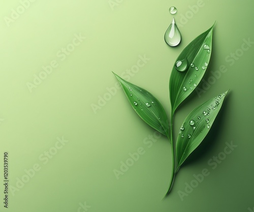 Fresh green leaves with delicate water droplets on a soft green background. A natural and refreshing design perfect for eco-themed projects and advertisements.
