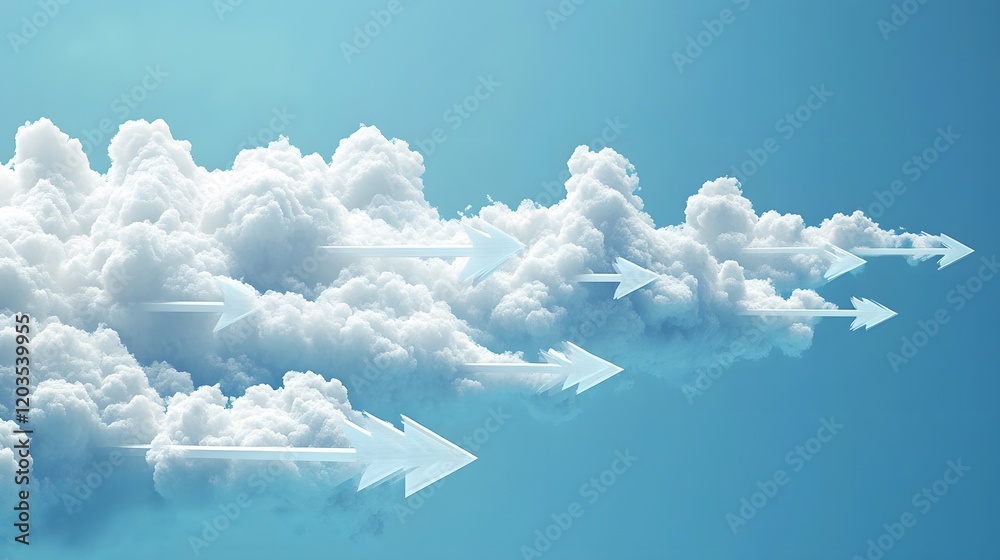 Fototapeta premium 10. A series of interconnected clouds with fast-moving arrows, representing the speed and reliability of cloud hosting