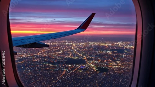 timelapse plane window view Plane wing flying over neon effect
