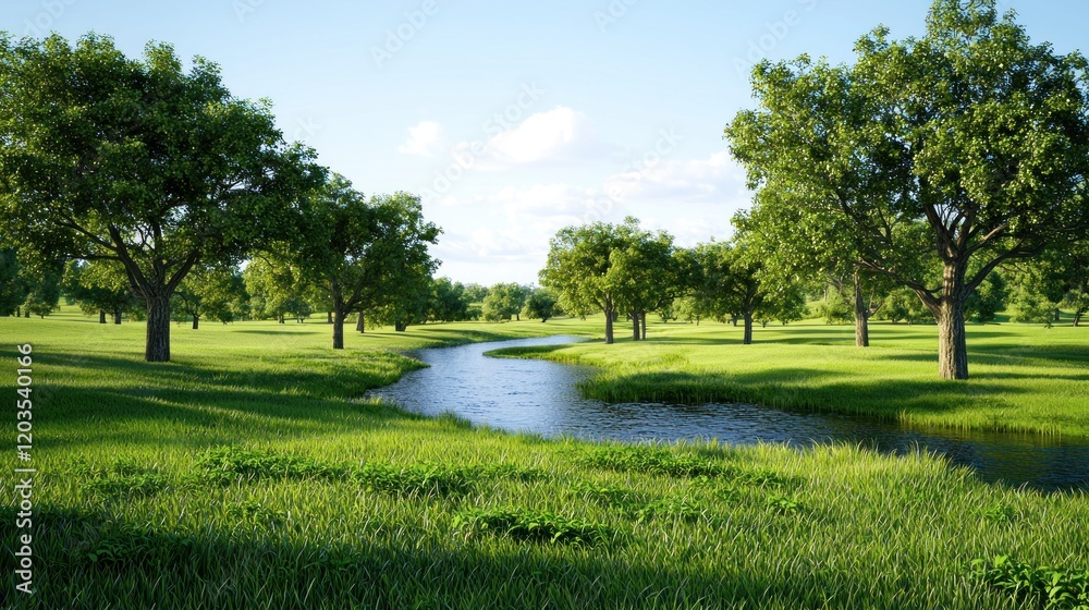 Summer Stream in a Green Meadow