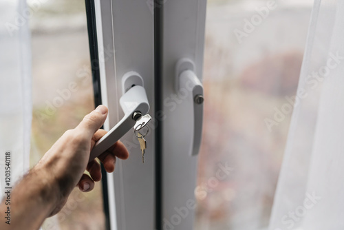 Male hand holding window handle to street with locking key for child safety.