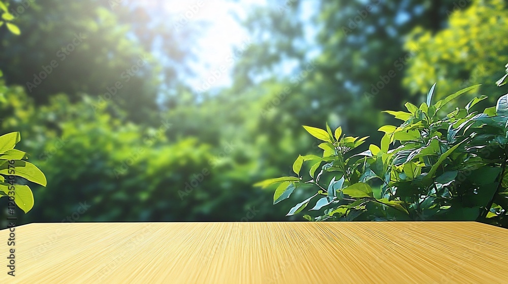 Sunny vibrant forest scene features wooden table in foreground. AI Generated Sunny vibrant forest scene features wooden table in foreground. AI Generated