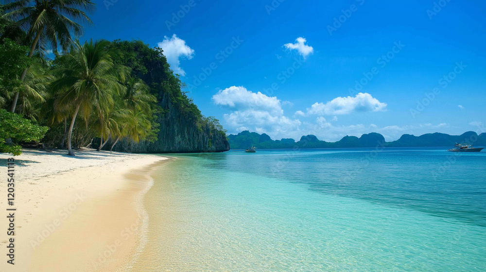 Fototapeta premium Sand Beach with Azure Ocean and Sunny Sky for Relaxing Tropical Vacation