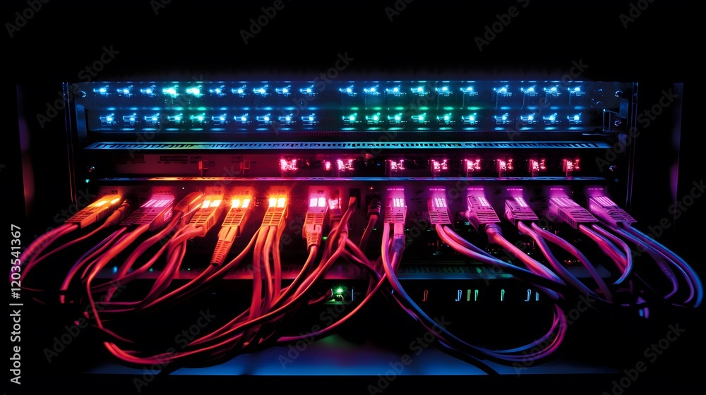 Fototapeta premium 12. A high-tech server rack in a dark environment, with lights flashing to show web hosting performance at its peak