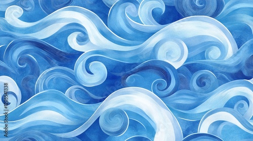 Seamless pattern of swirling blue and white waves with watercolor texture design