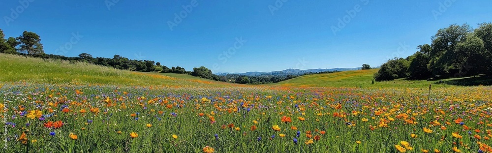 Bright wildflowers of various colors blanket a lush meadow, with rolling hills and a clear blue sky in the background. This vibrant spring scene invites exploration and serenity Bright wildflowers of various colors blanket a lush meadow, with rolling hills and a clear blue sky in the background. This vibrant spring scene invites exploration and serenity