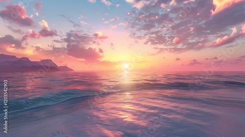 A beautiful sunset over a calm ocean with distant mountains and soft waves gently lapping at the shore photo