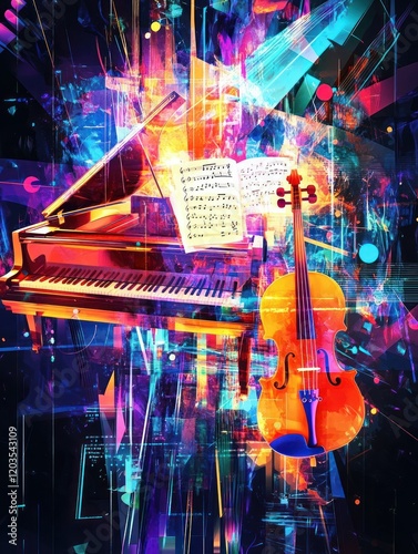 A vibrant fusion of music and art showcasing a grand piano and a violin in a dazzling abstract setting