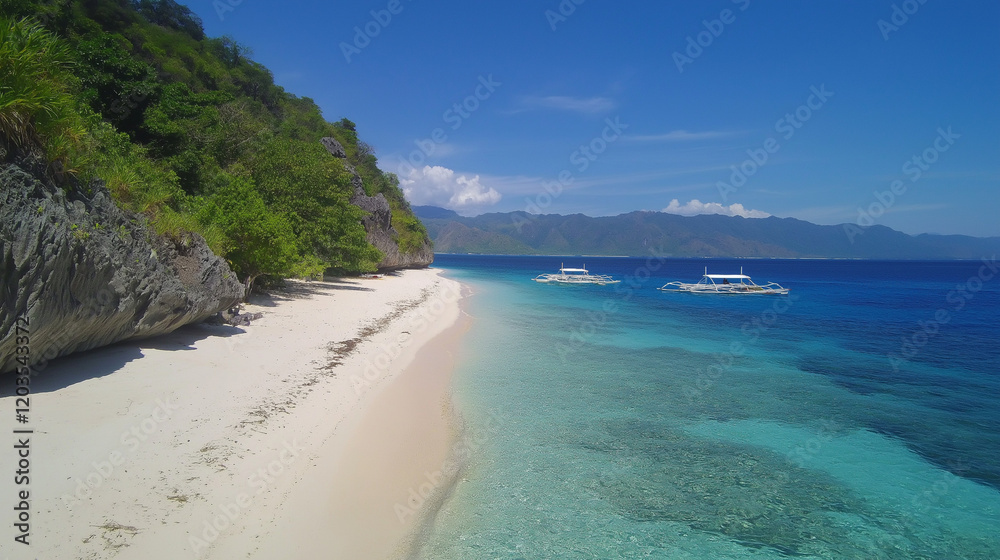 Obraz premium Sand Beach with Azure Ocean and Sunny Sky for Relaxing Tropical Vacation