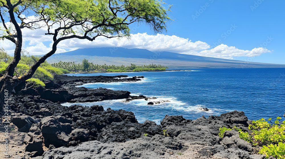 Volcanic coast, ocean view, sunny day, Hawaii. Ideal for travel brochures Volcanic coast, ocean view, sunny day, Hawaii. Ideal for travel brochures