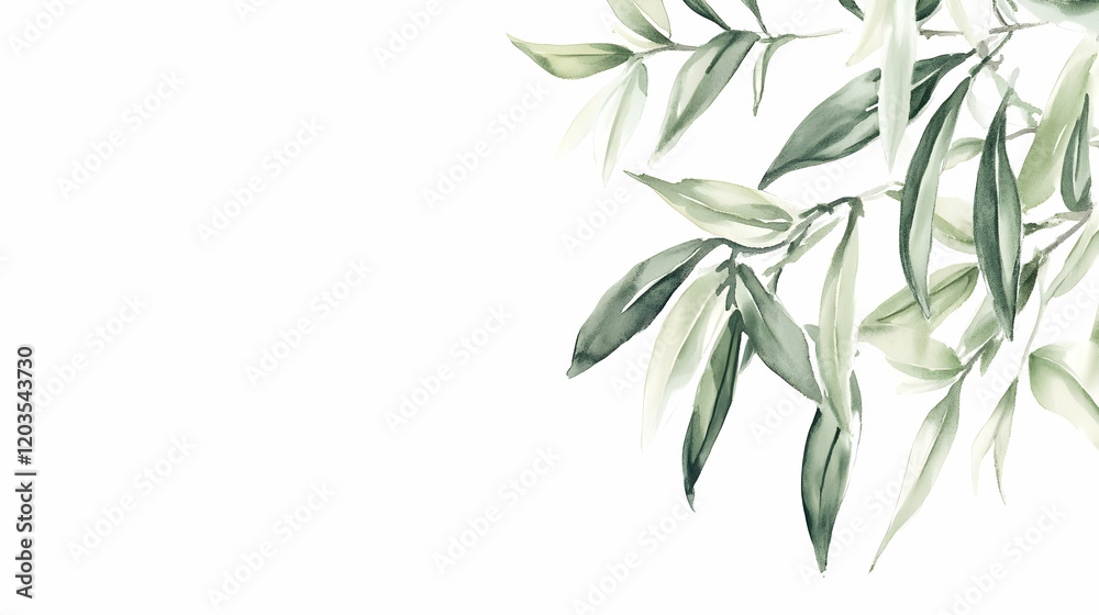 Naklejka premium Watercolor green leaves border, white background, botanical illustration, website header