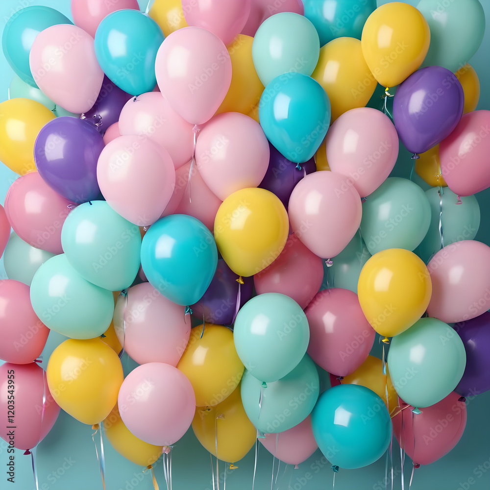 Vibrant arrangement of multicolored balloons in various shapes and sizes for festive occasions