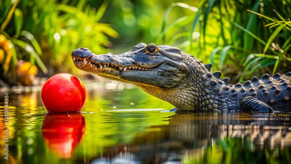 Obraz premium Alligator Playing with Ball in Lush Swamp, Wildlife Nature Stock Photo