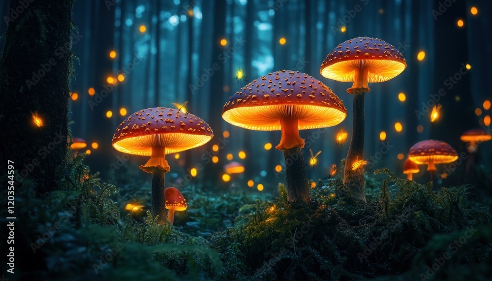 Fototapeta premium Enchanted Forest: Glowing Mushrooms and Fireflies create a magical scene