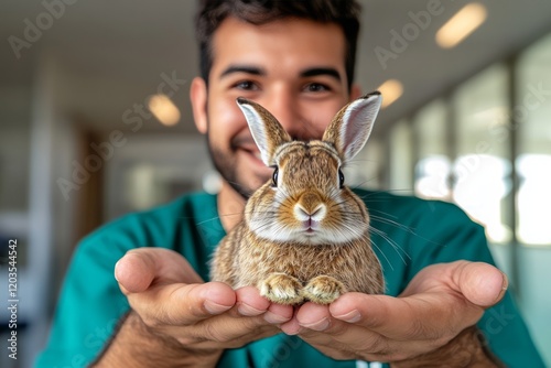 Veterinarian gently cradling brown rabbit during medical examination, showcasing compassionate animal healthcare in clinical setting