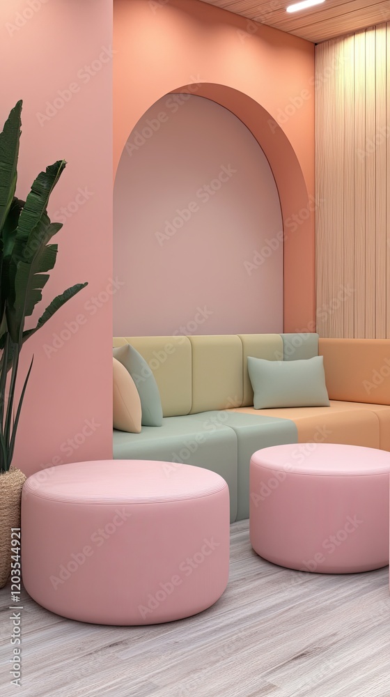 Modern hybrid office layout with neon pastel color schemes, open spaces, and cozy break areas Modern hybrid office layout with neon pastel color schemes, open spaces, and cozy break areas