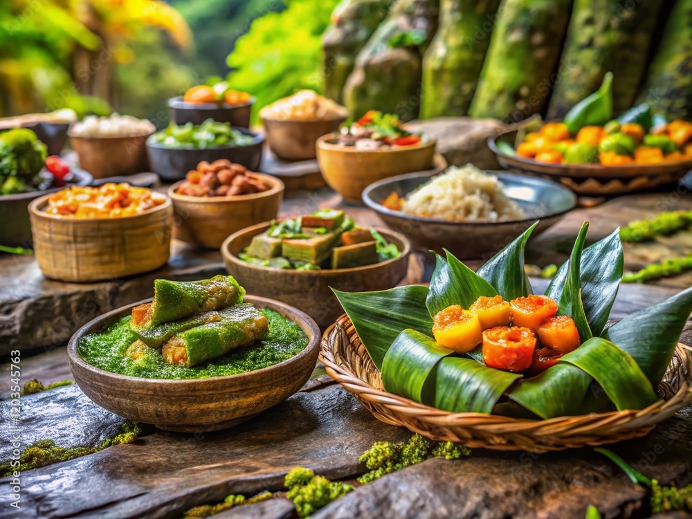 Obraz premium Ancient Bayon Temple Stone Faces with Delicious Cambodian Cuisine