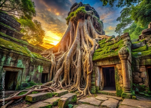 Ancient Cambodian Temple Roots: Tetrameles Tree Entwining Ta Prohm's Stone photo