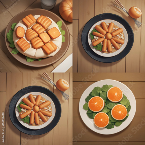 Thai food and ingredient on a wooden background, vector