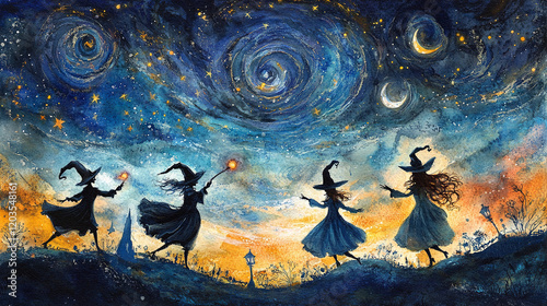 The image is an artistic painting depicting four witches dancing under a celestial sky filled with swirling galaxies and stars
