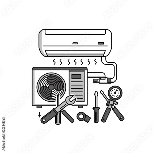 AC Unit Repair Essentials:  An illustration depicting the essential tools and components necessary for AC unit repair.