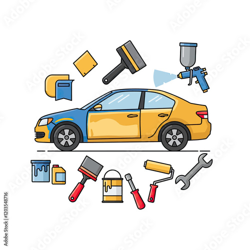 Car Painting and Repair: A vibrant illustration showcasing a car undergoing a paint job, surrounded by an array of tools and supplies, including paint cans, brushes, rollers, spray gun, and a wrench.