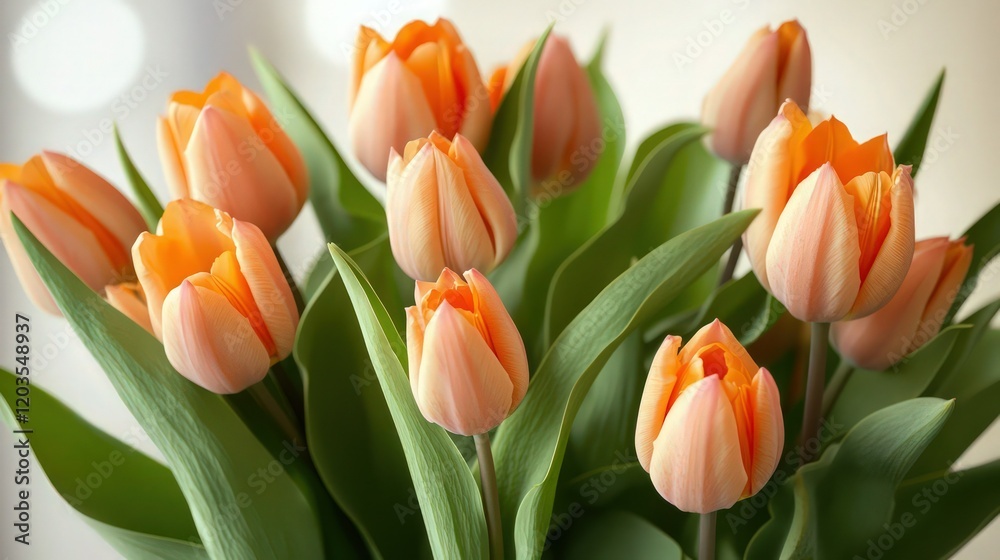 A fresh, elegant bouquet of orange tulips with green leaves, some fully opened and others still in bud, against a light neutral backdrop with soft lighting. A fresh, elegant bouquet of orange tulips with green leaves, some fully opened and others still in bud, against a light neutral backdrop with soft lighting.