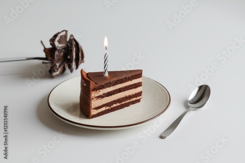 Chocolate layered cake slice with a burning candle
