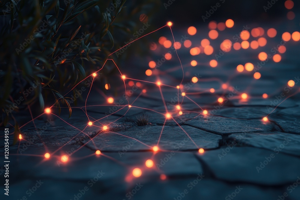 Captivating glow of lights intertwined with nature on a serene stone pathway during twilight. Generative AI Captivating glow of lights intertwined with nature on a serene stone pathway during twilight. Generative AI