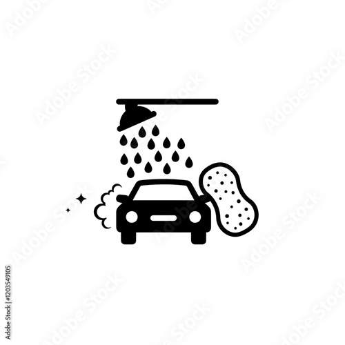 Car Wash Icon: Simple black and white vector illustration of a car being washed, featuring a showerhead, water droplets, and a sponge, ideal for car wash businesses, websites, and apps. 