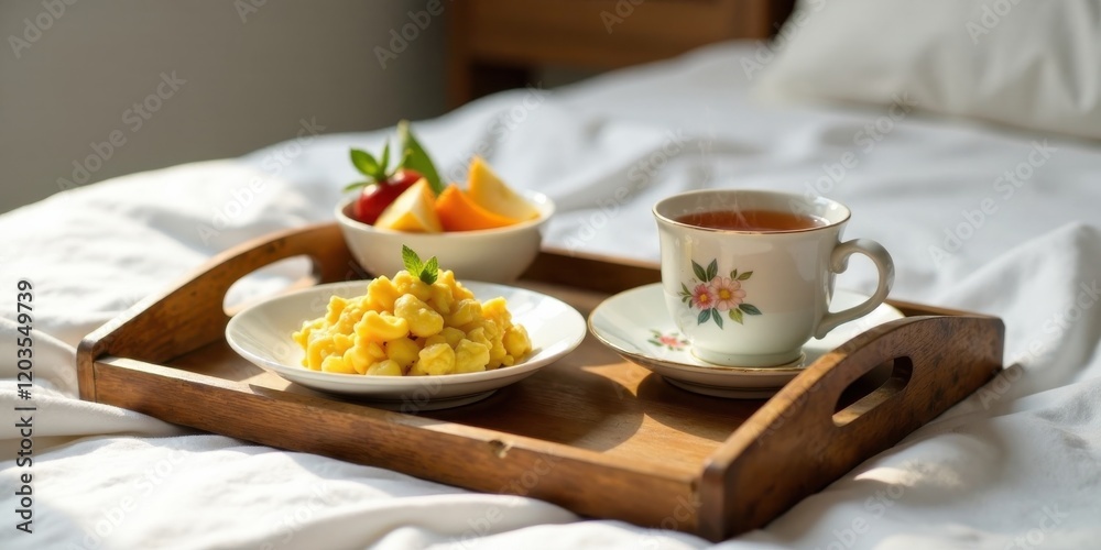 A delightful breakfast in bed served on a wooden tray a warm beverage, sweet fruit, and a savory side dish, perfect for a relaxing morning A delightful breakfast in bed served on a wooden tray a warm beverage, sweet fruit, and a savory side dish, perfect for a relaxing morning