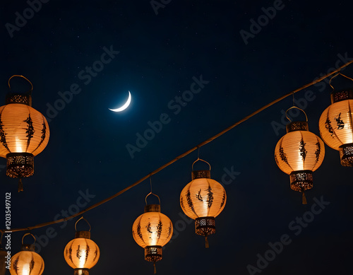 The crescent moon shining over the dark blue sky with stars and lanterns decorations, the Ramadan celebration concept photo