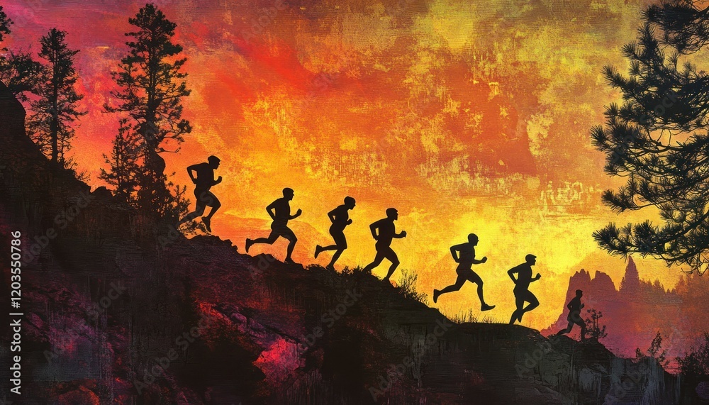 Fototapeta premium Silhouetted runners ascend a fiery hill representing challenges and progress
