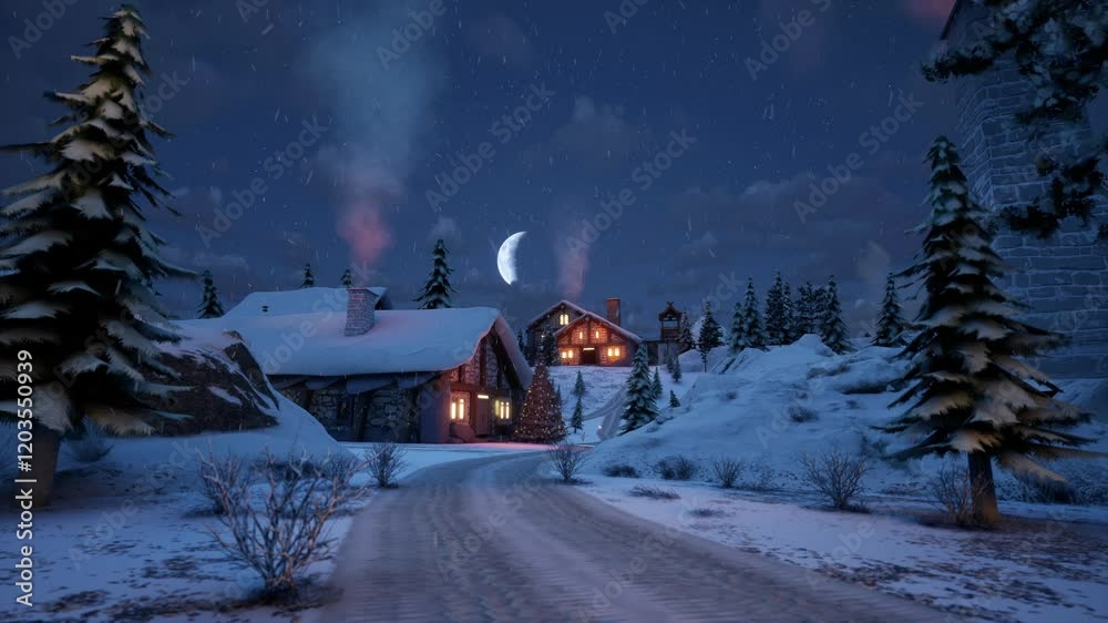 House In Middle Of Snowy Trees, Winter Blue Hour, Snow Falling House In Middle Of Snowy Trees, Winter Blue Hour, Snow Falling