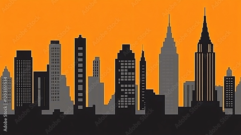 Naklejka premium Majestic City Skyline at Sunset Orange Graphic Illustration