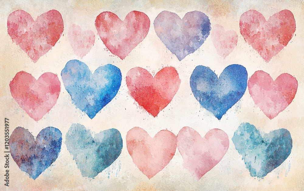 Fototapeta premium Soft watercolor hearts in pink, red, and blue on a neutral canvas