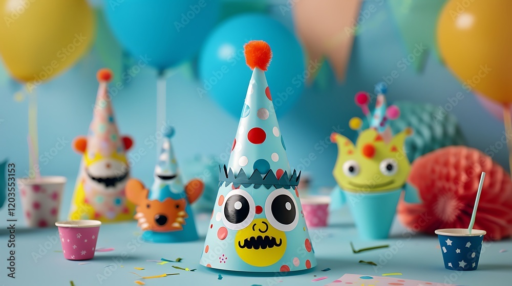 Obraz premium A playful party cap adorned with cheerful characters for kids' celebrations.