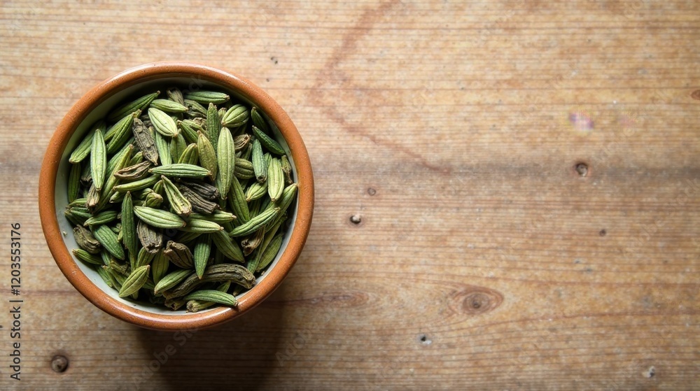 Aromatic Fennel Seeds in a Rustic Bowl on a Wooden Surface Aromatic Fennel Seeds in a Rustic Bowl on a Wooden Surface