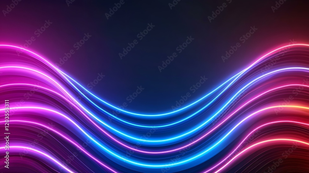 The image contains vibrant, glowing neon lines forming curved, wave-like patterns in shades of pink, purple, and blue against a dark background.A medium description sentence: Swirling neon waves of The image contains vibrant, glowing neon lines forming curved, wave-like patterns in shades of pink, purple, and blue against a dark background.A medium description sentence: Swirling neon waves of