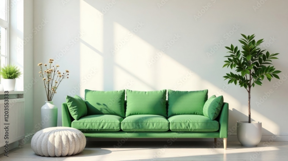Bright Green Sofa in a Sunny Room with Plants and a Knitted Pouf Bright Green Sofa in a Sunny Room with Plants and a Knitted Pouf